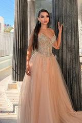 Charming Coral V-Neck Strapless Sleeveless Tulle Prom Dresses A-Line Long With Gem-Ballbella
