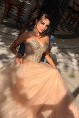 Charming Coral V-Neck Strapless Sleeveless Tulle Prom Dresses A-Line Long With Gem-Ballbella