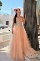 Charming Coral V-Neck Strapless Sleeveless Tulle Prom Dresses A-Line Long With Gem-Ballbella