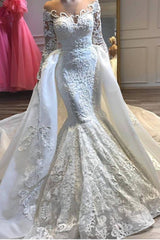 Charming Crew Neck Lace Appliques Mermaid Wedding Bridal Gowns with Detachable Train-Ballbella