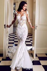 Charming Crew Neck Long Mermaid Lace Appliques Wedding DressesLong Sleeves Slim Bridal Gowns-Ballbella