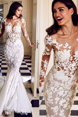 Charming Crew Neck Long Mermaid Lace Appliques Wedding DressesLong Sleeves Slim Bridal Gowns-Ballbella