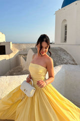 Charming Daffodil Strapless Prom Dress Sleeveless A-Line Side Slit With Pleats-Ballbella