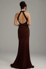Charming Dark Brown Halter Sleeveless Mermaid Prom Dresses Sheath Backless With Beads-Ballbella