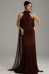 Charming Dark Brown Halter Sleeveless Mermaid Prom Dresses Sheath Backless With Beads-Ballbella
