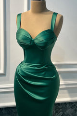Charming Dark Green Sweetheart Straps Sleeveless Satin Prom Dresses Mermaid With Pleats-Ballbella