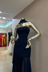 Charming Dark Navy Strapless Sleeveless Stain Prom Dresses Sheath Long On Sale-Ballbella