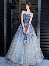 Charming Evening Dress A-Line Strapless Matte Satin Floor-Length Pleated Sequined evening dress-Ballbella