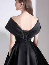Charming Evening Dress A-Line V-Neck Knee-Length Short Sleeves Lace-up Pleated Satin Fabric Cocktail Dress Little Black Dress-Ballbella