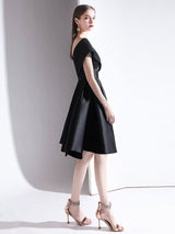 Charming Evening Dress A-Line V-Neck Knee-Length Short Sleeves Lace-up Pleated Satin Fabric Cocktail Dress Little Black Dress-Ballbella