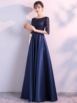 Charming Evening Dresses Dark Navy Long evening dress Lace Satin Bow Sash Half Sleeve Formal Gowns-Ballbella