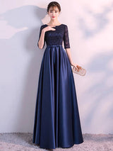 Charming Evening Dresses Dark Navy Long evening dress Lace Satin Bow Sash Half Sleeve Formal Gowns-Ballbella
