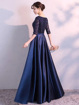 Charming Evening Dresses Dark Navy Long evening dress Lace Satin Bow Sash Half Sleeve Formal Gowns-Ballbella