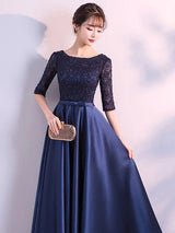 Charming Evening Dresses Dark Navy Long evening dress Lace Satin Bow Sash Half Sleeve Formal Gowns-Ballbella