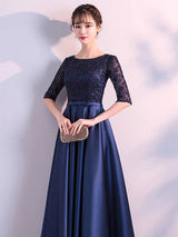 Charming Evening Dresses Dark Navy Long evening dress Lace Satin Bow Sash Half Sleeve Formal Gowns-Ballbella