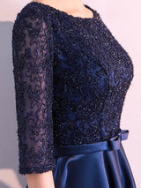 Charming Evening Dresses Dark Navy Long evening dress Lace Satin Bow Sash Half Sleeve Formal Gowns-Ballbella