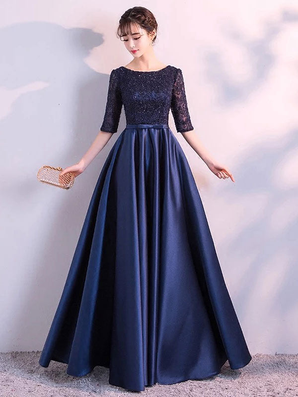 Charming Evening Dresses Dark Navy Long Evening dress Lace Satin Bow Sash Half Sleeve Formal Gowns Charming Evening Dresses Dark Navy Long Evening dress Lace Satin Bow Sash Half Sleeve Formal Gowns