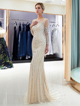 Charming Evening Dresses Long Sleeve Light Grey Mermaid Beading Illusion Luxury Formal Gowns-Ballbella