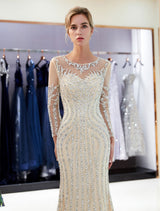 Charming Evening Dresses Long Sleeve Light Grey Mermaid Beading Illusion Luxury Formal Gowns-Ballbella
