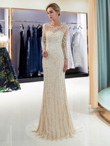Charming Evening Dresses Long Sleeve Light Grey Mermaid Beading Illusion Luxury Formal Gowns-Ballbella