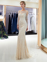 Charming Evening Dresses Long Sleeve Light Grey Mermaid Beading Illusion Luxury Formal Gowns-Ballbella