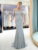 Charming Evening Dresses Long Sleeve Light Grey Mermaid Beading Illusion Luxury Formal Gowns-Ballbella