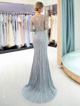 Charming Evening Dresses Long Sleeve Light Grey Mermaid Beading Illusion Luxury Formal Gowns-Ballbella