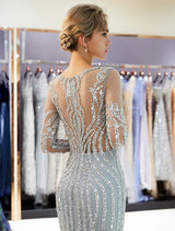 Charming Evening Dresses Long Sleeve Light Grey Mermaid Beading Illusion Luxury Formal Gowns-Ballbella