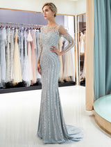 Charming Evening Dresses Long Sleeve Light Grey Mermaid Beading Illusion Luxury Formal Gowns-Ballbella