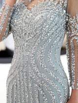 Charming Evening Dresses Long Sleeve Light Grey Mermaid Beading Illusion Luxury Formal Gowns-Ballbella