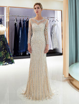 Charming Evening Dresses Long Sleeve Light Grey Mermaid Beading Illusion Luxury Formal Gowns-Ballbella