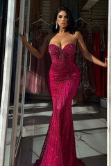 Charming Fuchsia Sweetheart Strapless Sleeveless Mermaid Prom Dresses Beads With Lace-Up Back-Ballbella