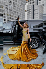 Charming Gold Sleeveless Velvet Mermaid Prom Dresses Column Gem With Pleats-Ballbella