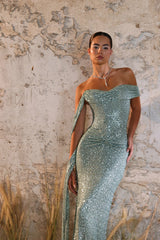 Charming Green Sweetheart One Shoulder Sequins Prom Dress Mermaid Sheath With Ruffle-Ballbella