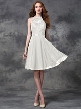 Charming Halter Lace Sleeveless Short Chiffon Bridesmaid Dresses-Ballbella