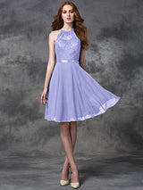 Charming Halter Lace Sleeveless Short Chiffon Bridesmaid Dresses-Ballbella
