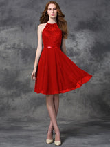 Charming Halter Lace Sleeveless Short Chiffon Bridesmaid Dresses-Ballbella