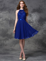 Charming Halter Lace Sleeveless Short Chiffon Bridesmaid Dresses-Ballbella