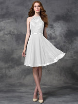 Charming Halter Lace Sleeveless Short Chiffon Bridesmaid Dresses-Ballbella