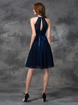 Charming Halter Lace Sleeveless Short Chiffon Bridesmaid Dresses-Ballbella