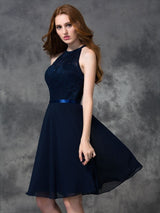 Charming Halter Lace Sleeveless Short Chiffon Bridesmaid Dresses-Ballbella