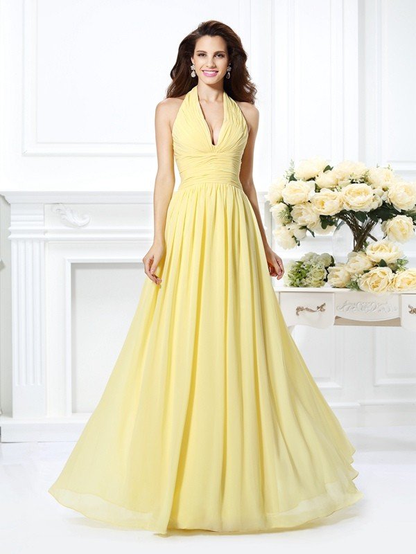 yellow halter bridesmaid dresses KissProm