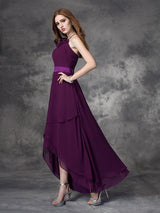 Charming Halter Ruffles Sleeveless High Low Chiffon Bridesmaid Dresses-Ballbella