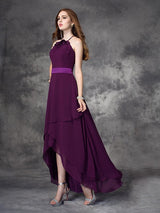 Charming Halter Ruffles Sleeveless High Low Chiffon Bridesmaid Dresses-Ballbella