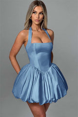 Charming Halter Satin Mini Homecoming Dresses Pleats Prom Dress Sleeveless On Sale-Ballbella