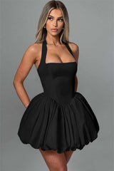 Charming Halter Satin Mini Homecoming Dresses Pleats Prom Dress Sleeveless On Sale-Ballbella