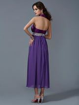 Charming Halter Sleeveless Beading Long Chiffon Bridesmaid Dresses-Ballbella