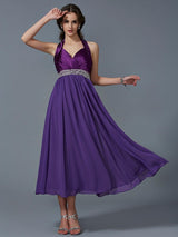 Charming Halter Sleeveless Beading Long Chiffon Bridesmaid Dresses-Ballbella