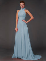 Charming Halter Sleeveless Hand-Made Flower Long Chiffon Bridesmaid Dresses-Ballbella