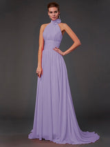 Charming Halter Sleeveless Hand-Made Flower Long Chiffon Bridesmaid Dresses-Ballbella